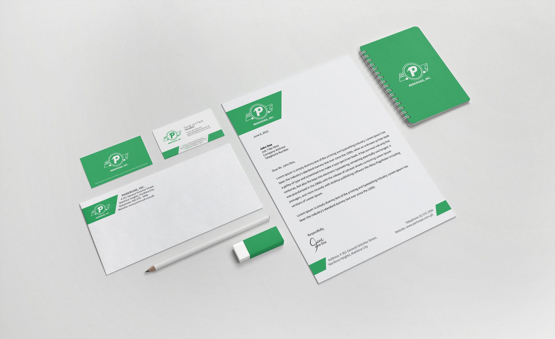 Corporate identity design mockup version 2 for Parkroad Inc.