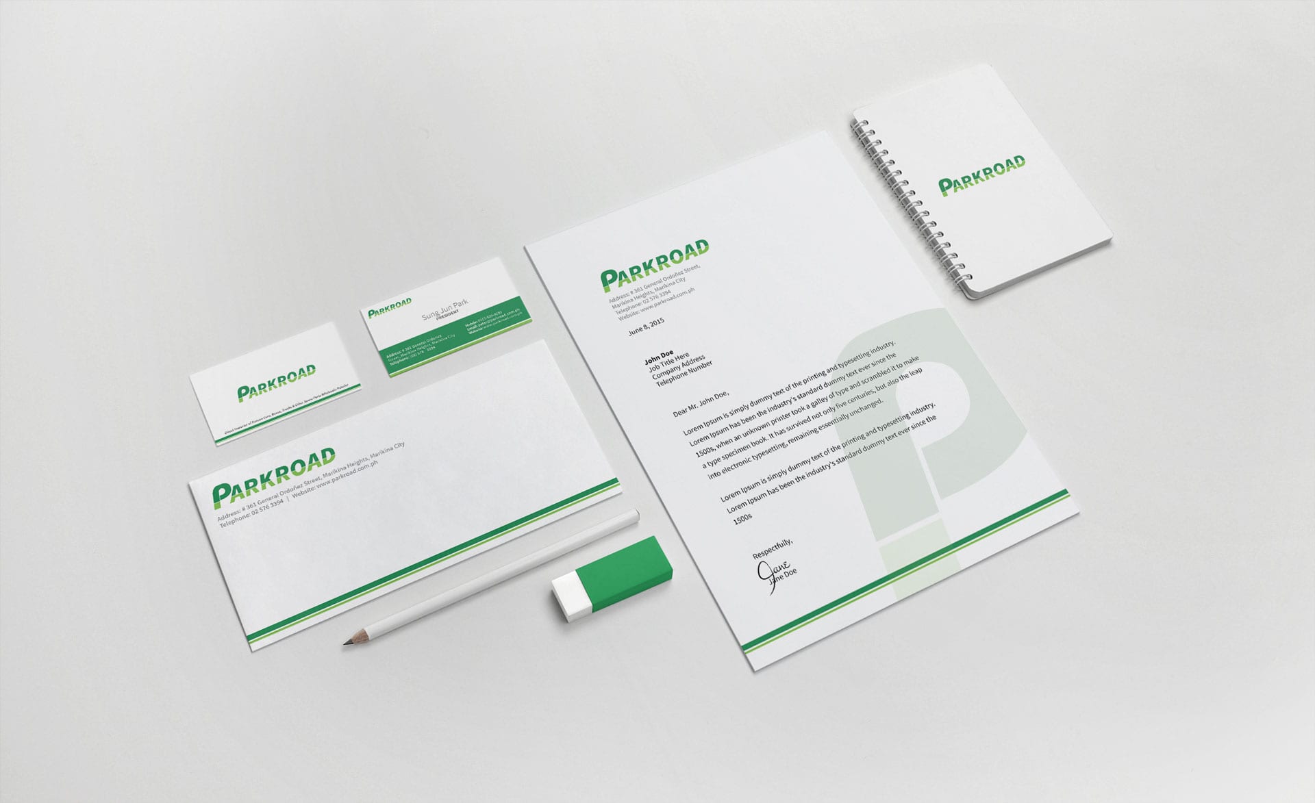Corporate identity design mockup version 3 for Parkroad Inc.